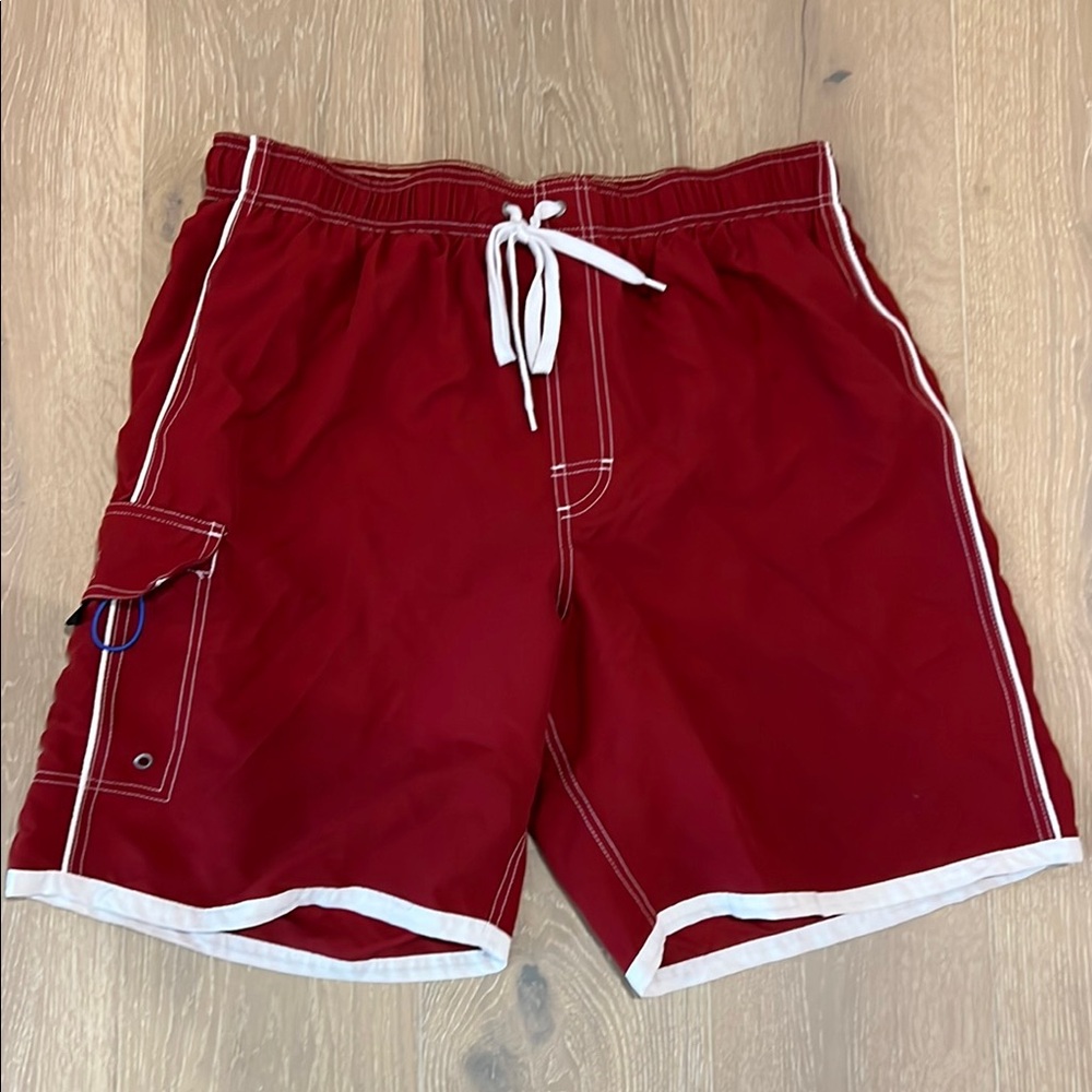 Red Swim Trunks with Contrast Trim and Drawstring